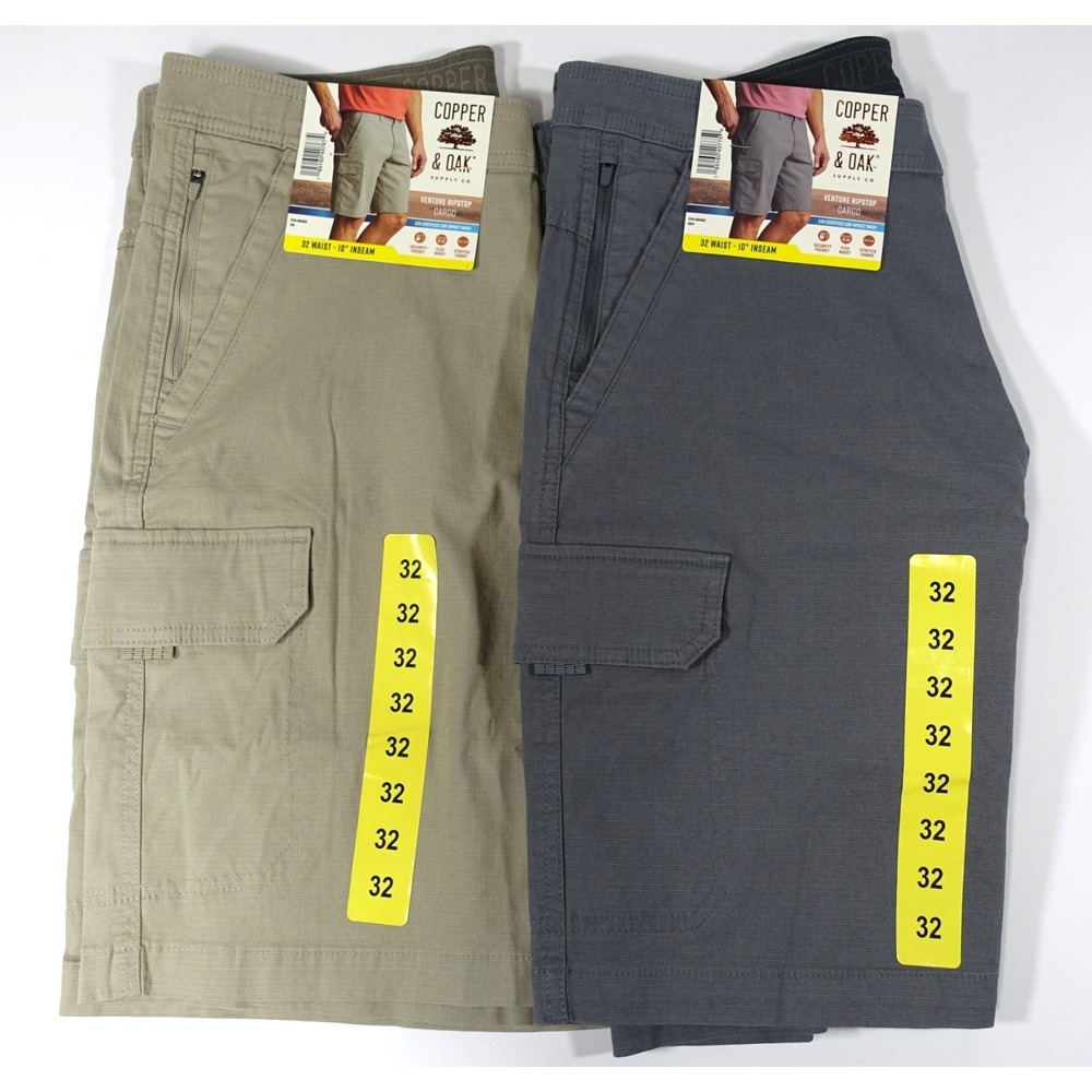 Copper and Oak Men Cargo Shorts 32 Ripstop Security Pocket Flex Stretch 2 Pair